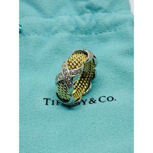 Tiffany & Co Schlumberger 18K YG, Platinum, & Diamond 4-row X Ring - Sz. 5.5